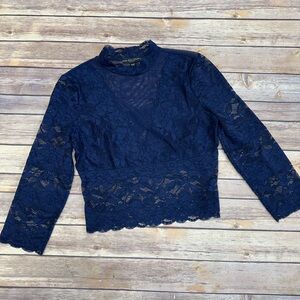 GUESS Women’s Mock Neck Lace Crop Holiday Glam Sheer Top Fairy Grunge Navy M